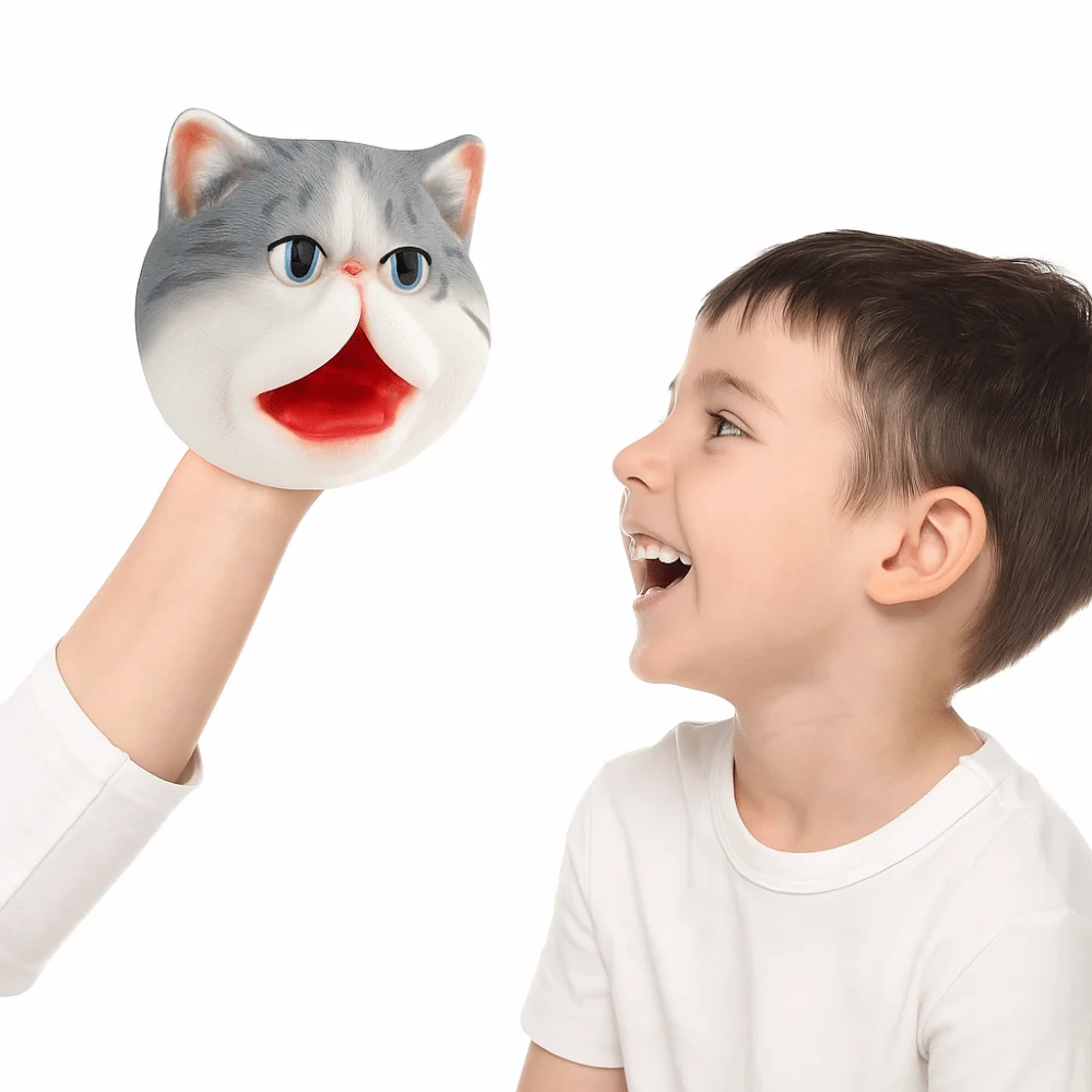 Cabeça de animal de vinil, fantoche de mão, simulação interativa, figura de gato, brinquedos, luvas, história macia, animal de estimação, modelo de cabeça de gato, brinquedo
