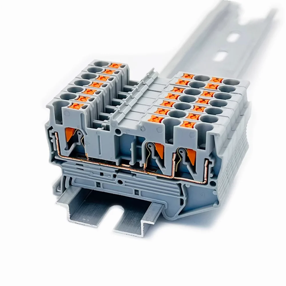 10Pcs/lot PT2.5-TWIN Push-In 3-Conductor Feed-Through Strip Wire Electrical Connector 2.5mm² Din Rail Terminal Block PT2.5-TW