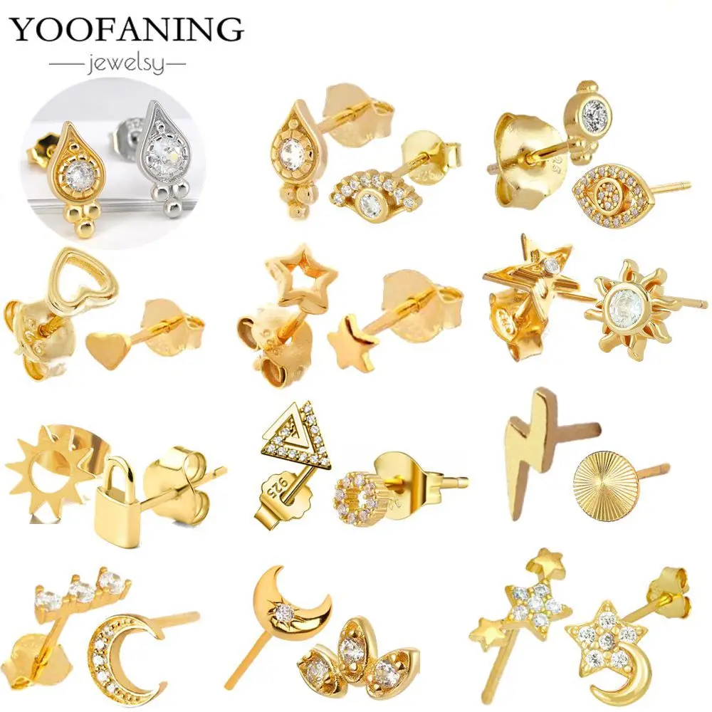 925 Sterling Silver Earrings Small  Gold Silver Earrings Star/moon/lightning Multi Design Women's Jewelry Earrings Party