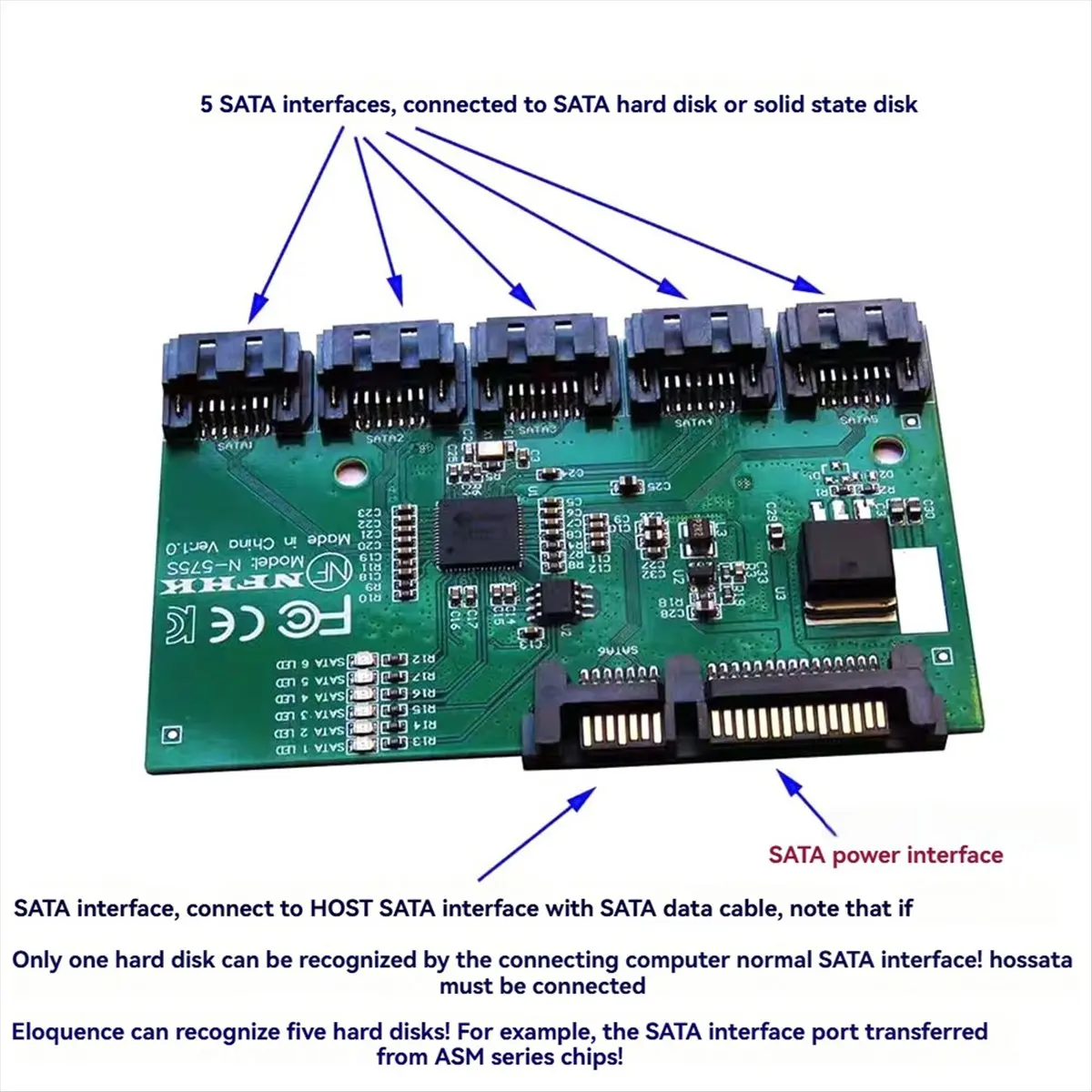 A49T SATA 3.0 Expansion Card Converter, 1 to 5 Port SATA Multiplier Riser, 6Gbps HDD/SSD Hard Drive Accessory