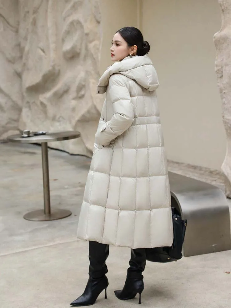 Mulheres de luxo longo para baixo jaqueta com capuz 2026 inverno quente moda manga longa puffer casaco senhoras outwear preto INKEO DJ626