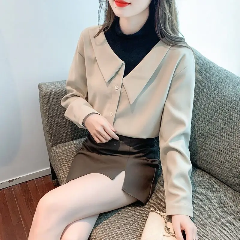 Elegant Fashion Harajuku Slim Fit Fake Two Pieces Blusa Button Stand Collar Long Sleeve Tops Women All Match Women's Clothing