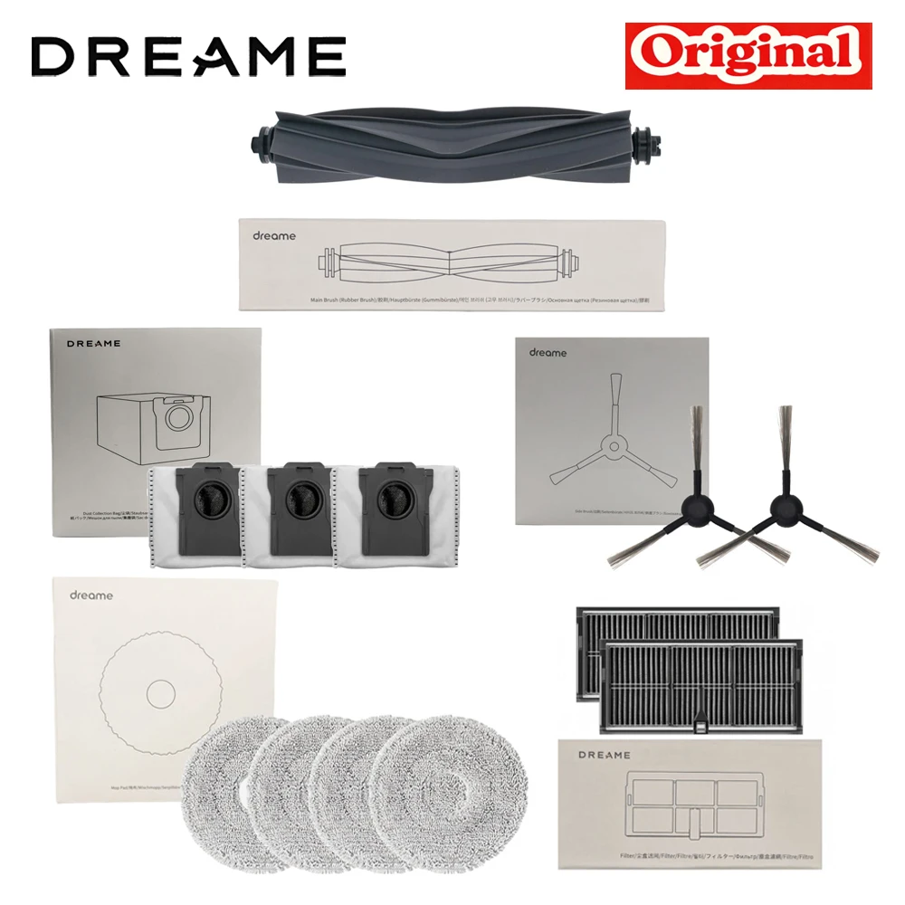Originele Dreame L40 Ultra AE / L40s Ultra CE / D20 Ultra onderdelen voor stofzuigers: hoofdborstel, zijborstel, filter, dweilpad en stofzak.