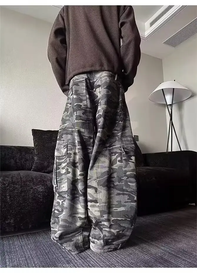 Large Pocket Curved Wide Leg Camouflage Pants Cool Girl Street Straight Bottoms New Trendy Contrast Color High Street Male Trous