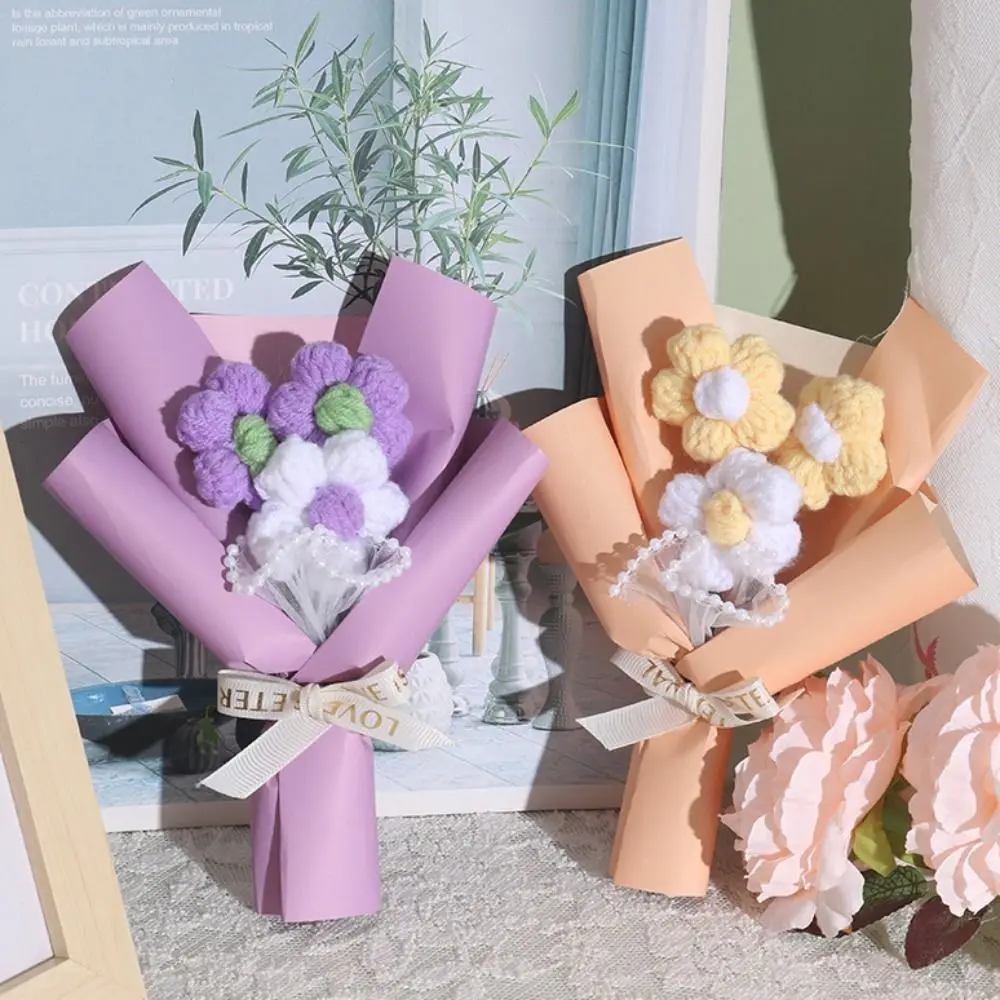 Woven Graduation Flower Bouquet Finished Bouquet with Packing Bag Ins Knitted Flower Wedding Decor Valentine's Day Gift