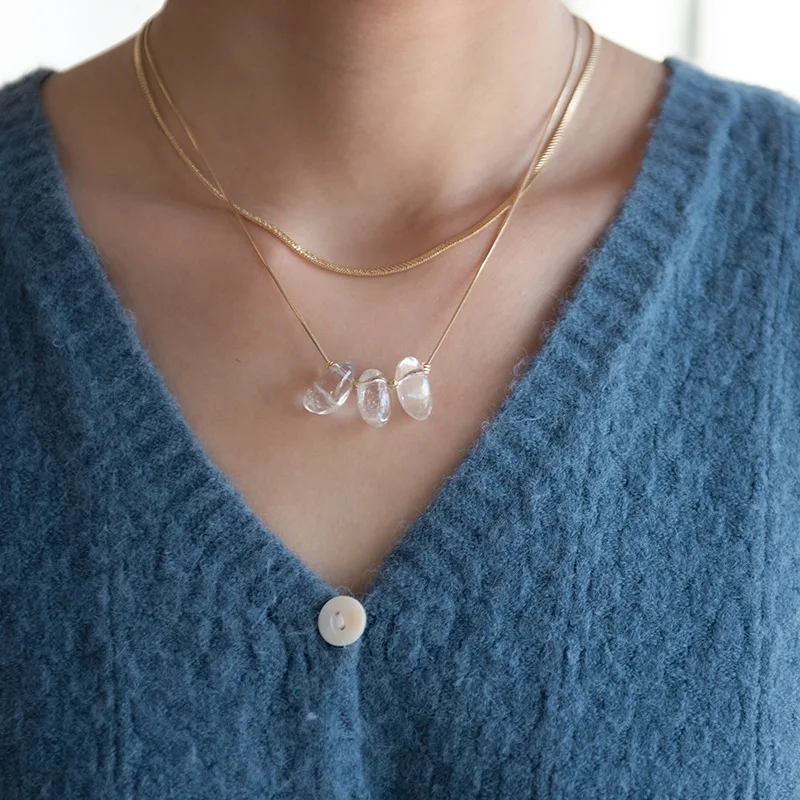 

Brass With 18K Layered Snake Chian Crystal Clear Beads Necklace Women Jewelry Designer T Show Runway Gown Rare Glam Japan Ins