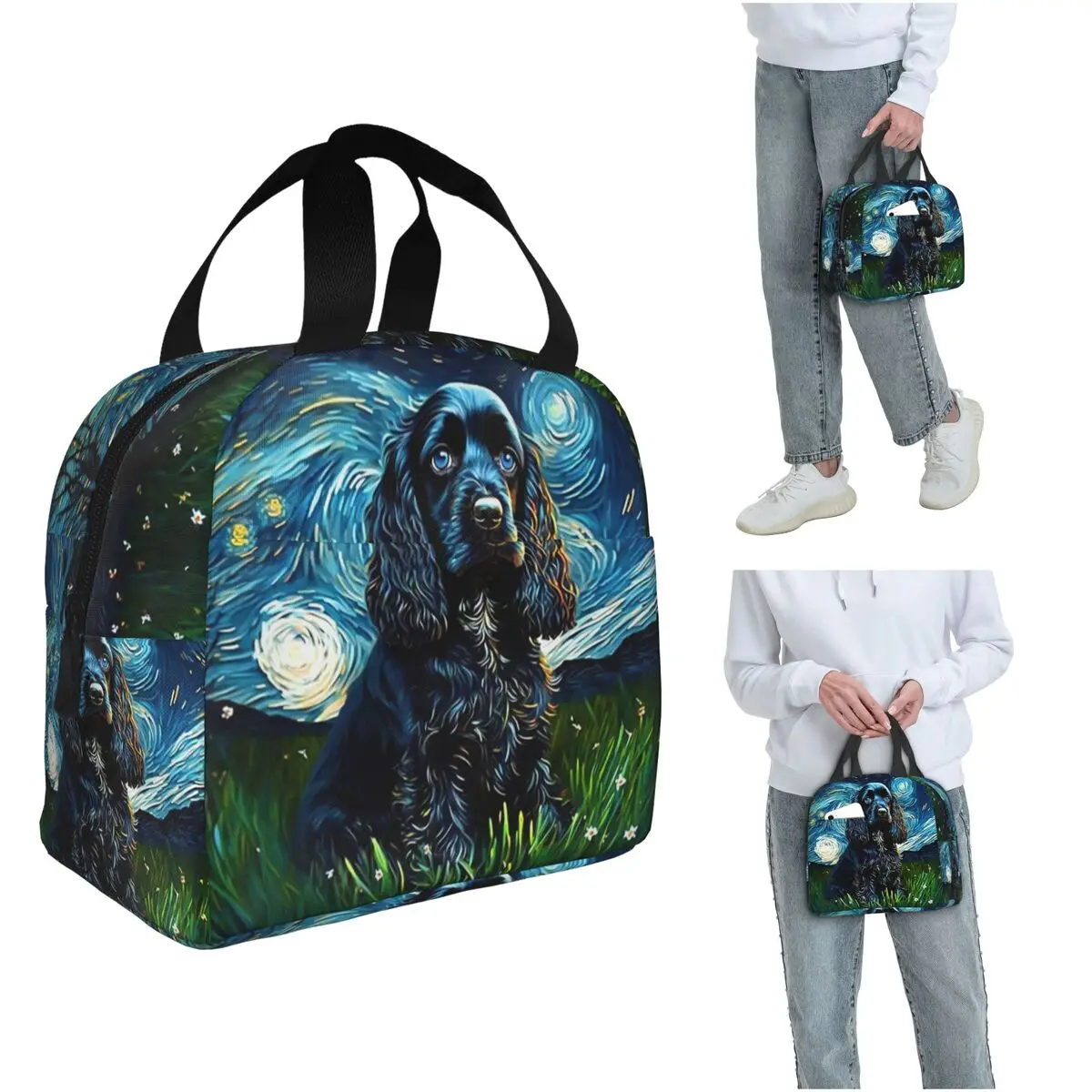 A Cocker Spaniel Puppy Starry Night Insulated Lunch Bag for Women Children Portable Food Boxes Thermal Lunch Box Tote