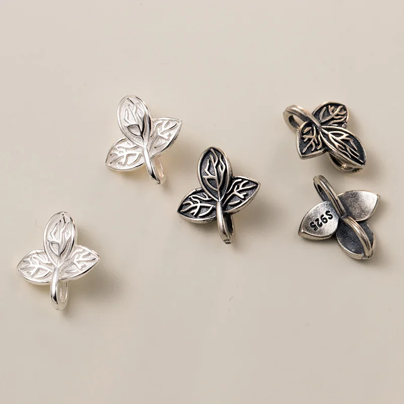 1pc 925 Sterling Silver Retro Double Holes Leaf Beads 12x11mm Handicraft S925 Earrings Bracelets Necklace DIY Fine Charm Spacers