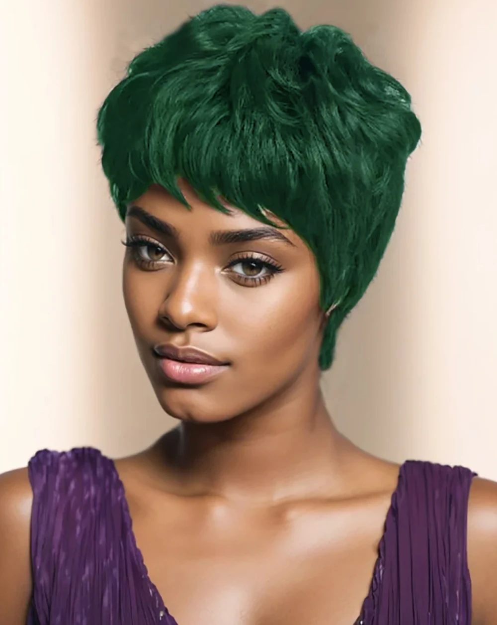 Nicelatus Natural Synthetic Green Wigs with Wavy Bangs Short Pixie Cut Wigs for Black Women Short Hairstyle Wigs for Black Women