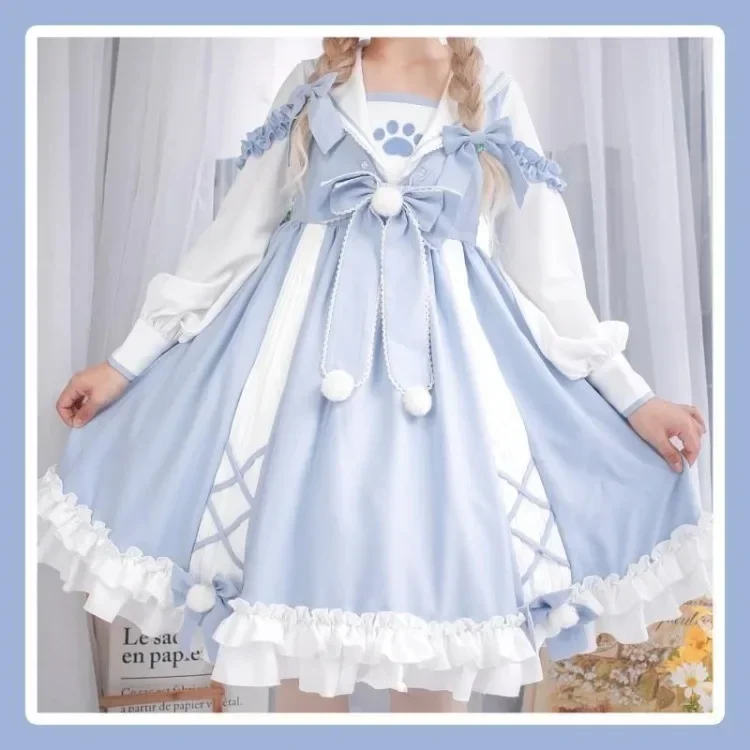 Vestido de talla grande Meow Paw Lolita para Mujer, Vestidos con lazo y cuello de marinero, Y2k, E-Girl, Vestidos nuevos de invierno de manga larga