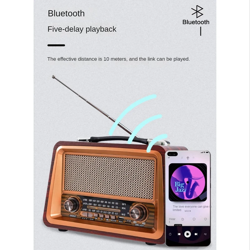 Portable Wooden Retro Radio Wireless Bluetooth Speakers HIFI Stereo AM/FM Radio Player USB TF AUX MP3