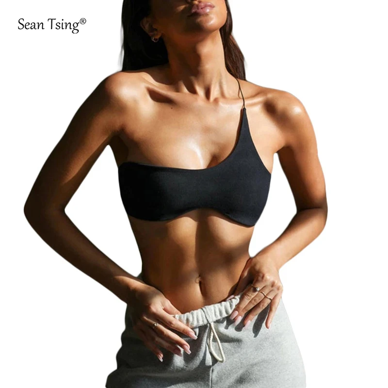 Sean Tsing® Sport Corset Crop Vests Women One-Shoulder Wrapped Chest Stretchy Camisoles Yoga Running Exercise Workout Tank Tops