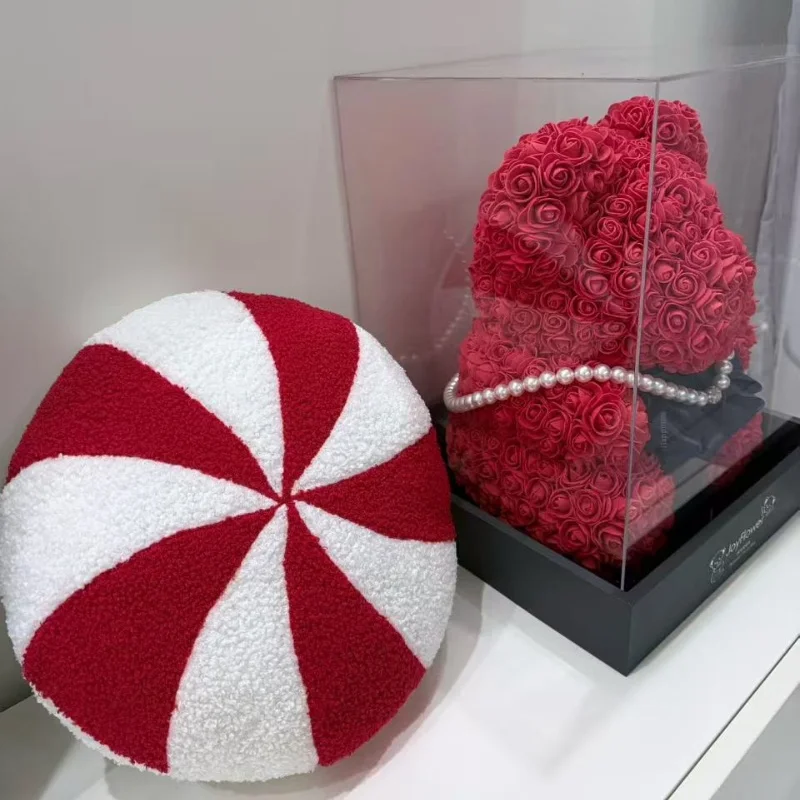 Christmas-Themed Round Pillow Red White Candy Hug Pillows Sofa Chair Seat Cushion Waist Support Merry Christmas Home Decor