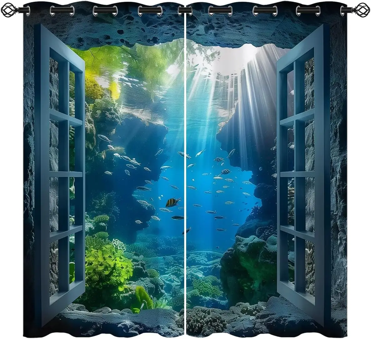 Ocean Fishs Blackout Curtains for Girls Boys Home Decor, Underwater Tropical Fish Undersea Coral Grommet Thermal Insulated Drape