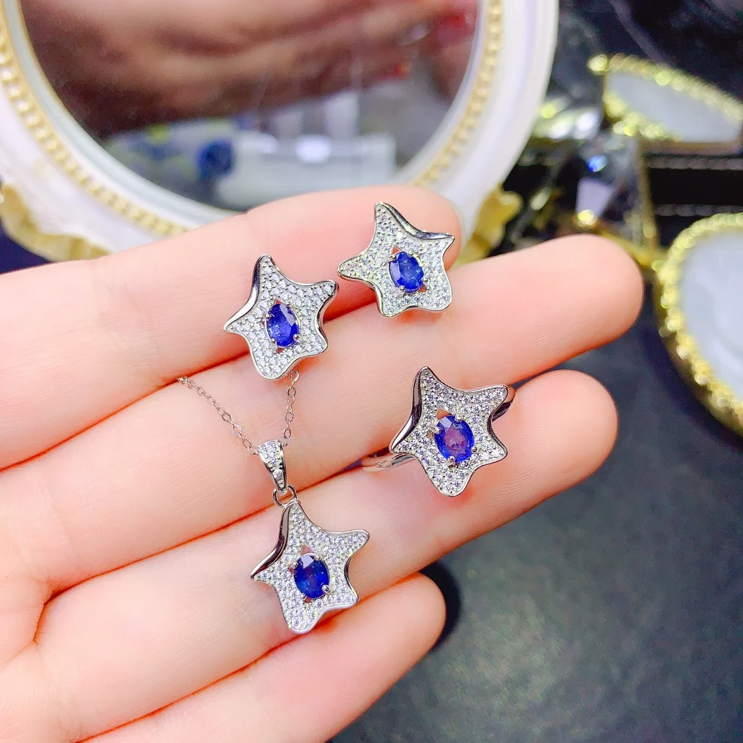 Elegant Jewelry Ladies Sterling Silver 925 Sapphire Set Fire Color Burst Glitter Free Shipping Wholesale Christmas Gift Boutique