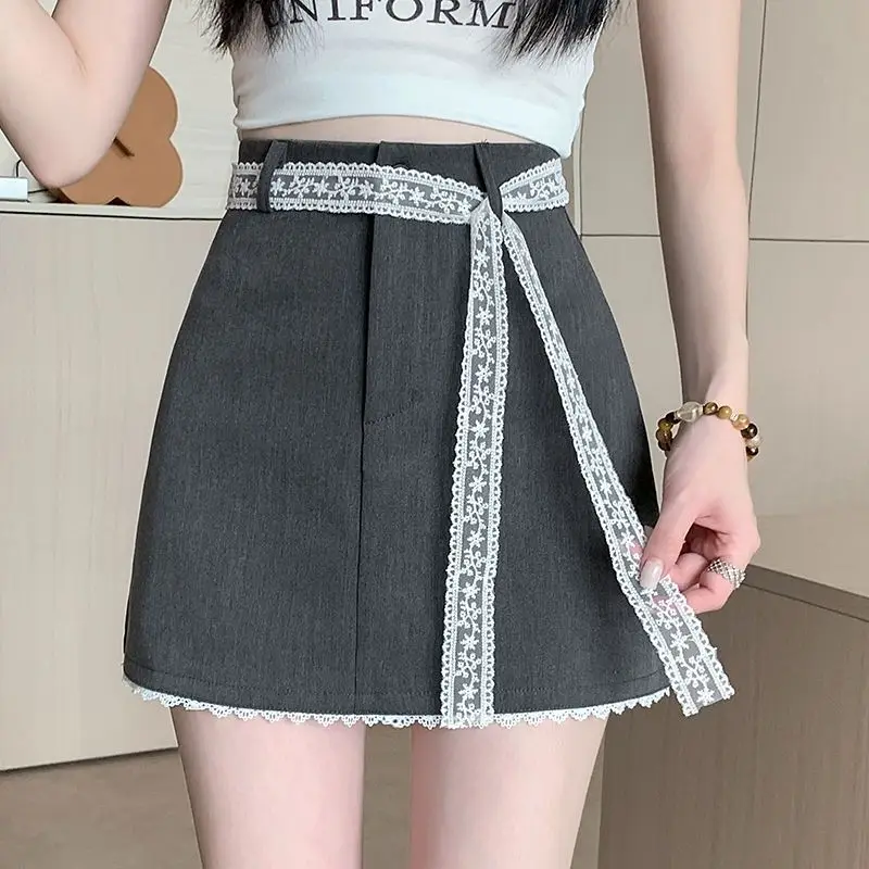 

2025 lace-up splicing high-waisted lace skirt summer new thin anti-light versatile skirt for women