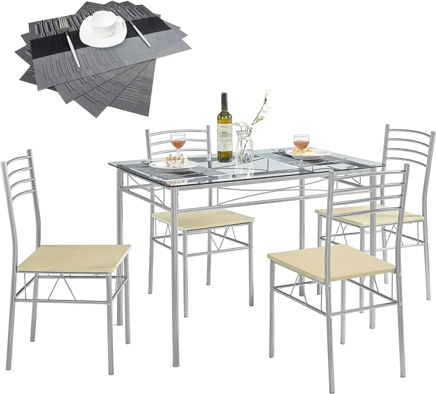 5 Piece Dining Table Set for 4 with Chairs, Glass Top, Small Space, Silvery