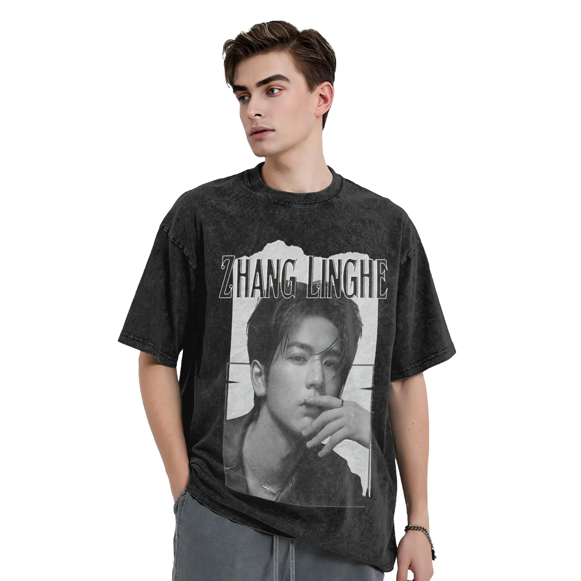 Washed T Shirt Zhang LingHe Hip Hop Vintage T-Shirt Harajuku C-Drama Actor Streetwear Short Sleeve Printed Tops Tees Men Women