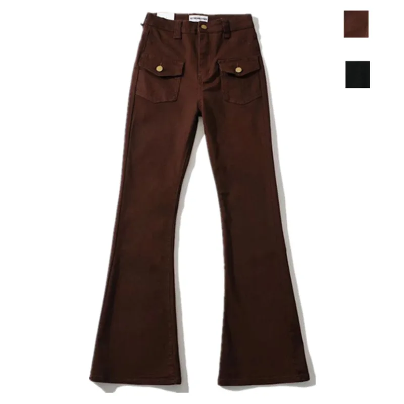 American Street Style Retro Brown Workwear Pockets Flared Floor-Length Pants Slimming Casual Design Denim Jeans Women