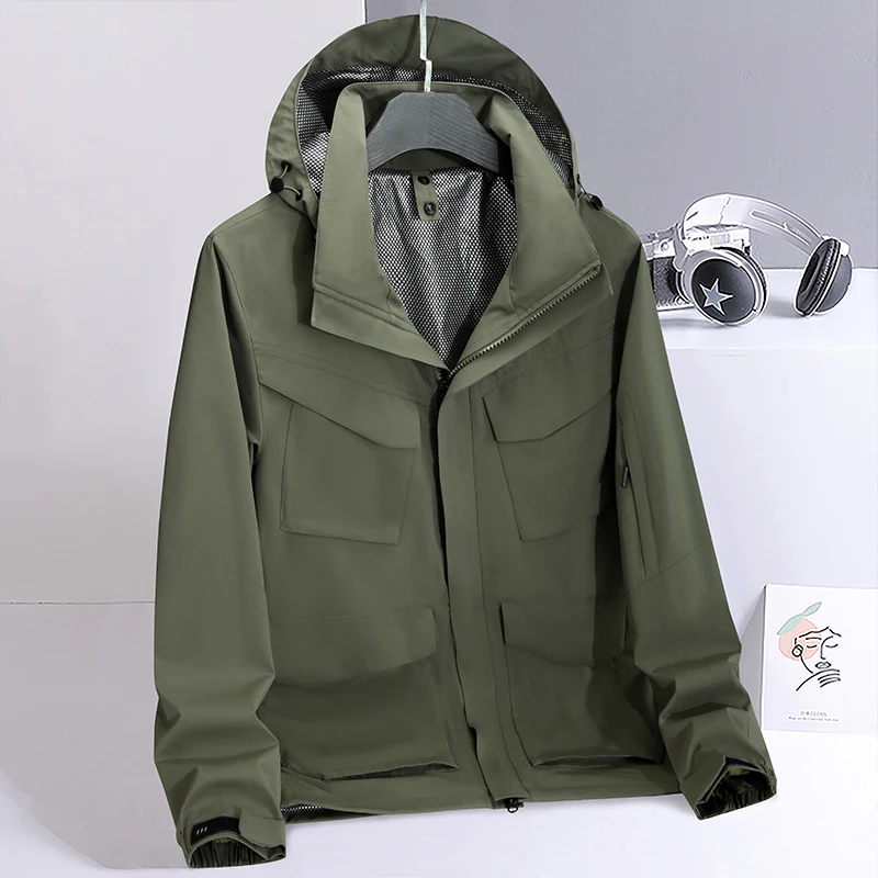 Spring and Autumn Men's Mountaineering Jacket Outdoor Waterproof and Durable Multi Pocket Hunting Coat Simple Retro Men's Top