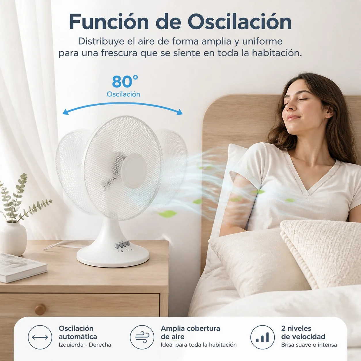 Ventilateur de table oscillant 43x28x54 cm avec grille de sécurité en métal, 2 vitesses réglables et fonctionnement silencieux pour bureau, bureau à domicile et chambre à coucher