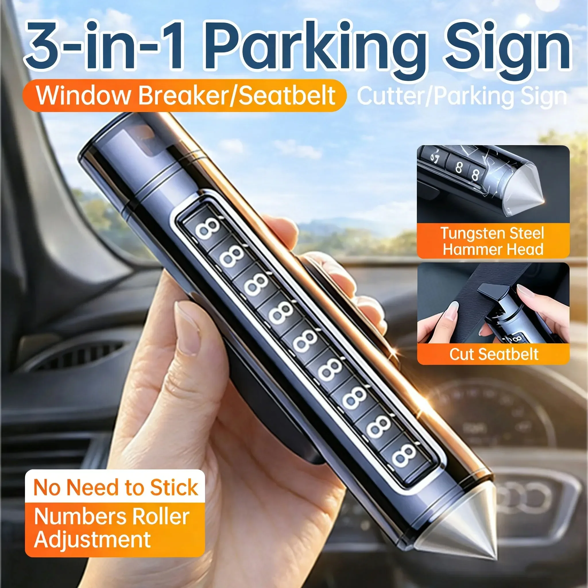 3-in-1 Legierungs-Parkkarte für Autos mit Wolframstahl-Spitze, Sicherheitshammer und Gurtschneider, drehbare Telefonnummernplatte