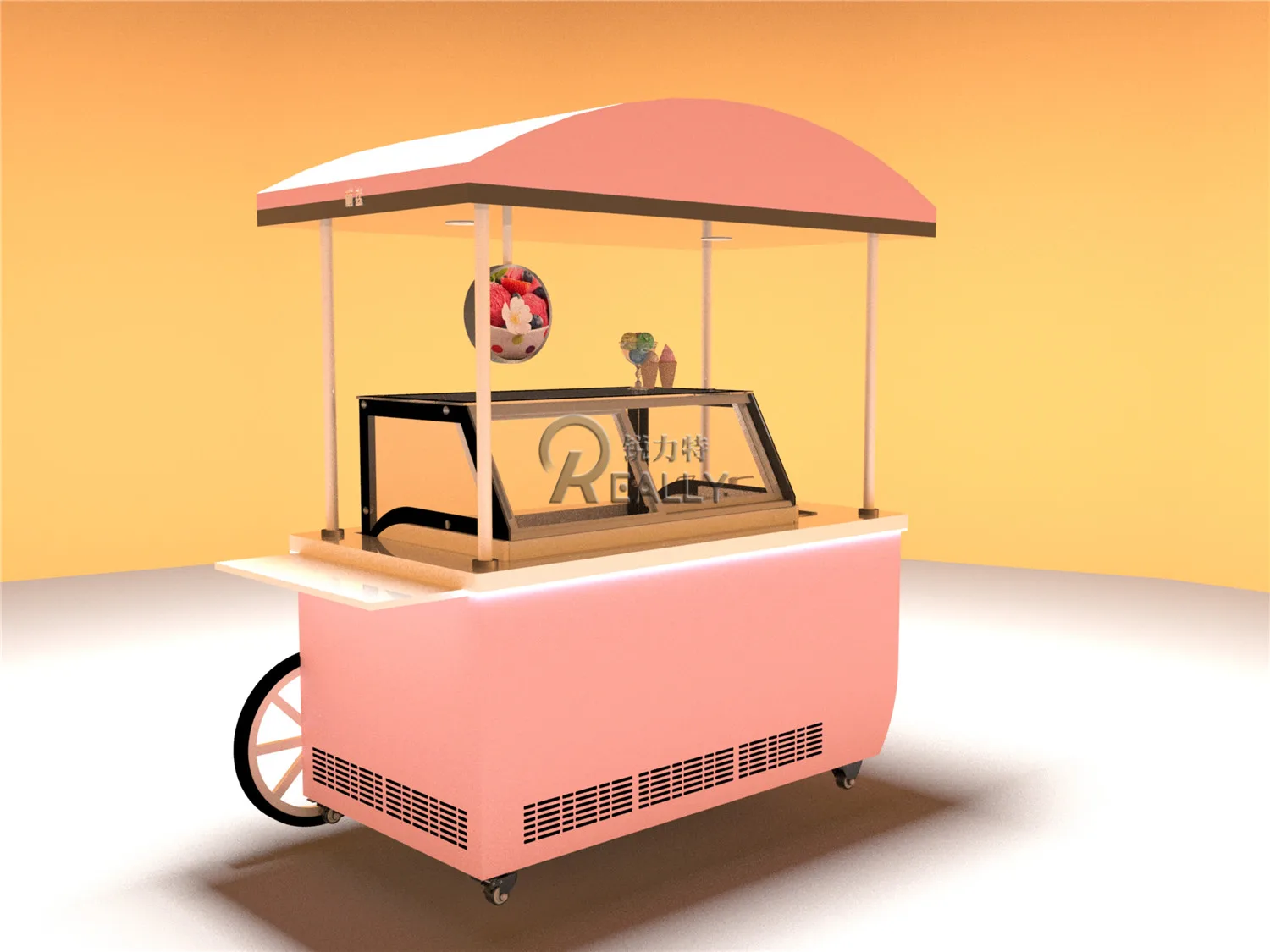 عربة عرض آيس كريم جديدة بعجلات للمشروبات المتنقلة والحلوى والآيس كريم المجمدة وخزانة عرض عربة طعام في الشوارع