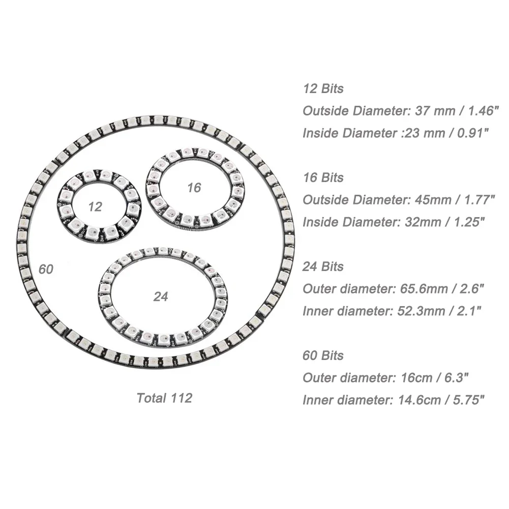 Imagem -02 - Lâmpada com Drivers Integrados para Raspberry pi Arduino Anel Led Rgb 12 16 24 60 Bits Ws2812b 5050