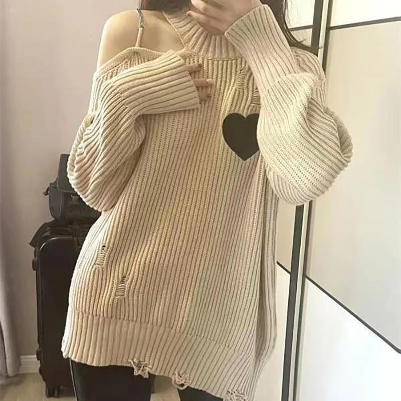 

Fashion Spliced Hole Off Shoulder Hollow Out Sweaters Female Clothing 2023 Autumn Winter Oversized Casual Pullovers Korean Tops