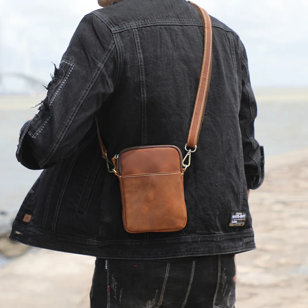 S.WORKER Vintage Echtleder-Umhängetaschen Crazy Horse Handgefertigte Mini-Tasche für Telefon, Karten und Schlüssel – Detail 5