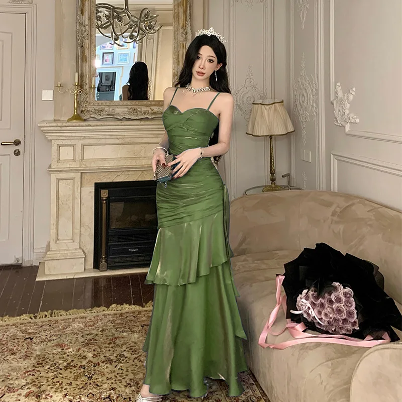 

Fashion French Temperament High-end Long Skirt for Women Sexy Spicy Girl Style Solid Color Irregular Suspender Dress 2026 Summer