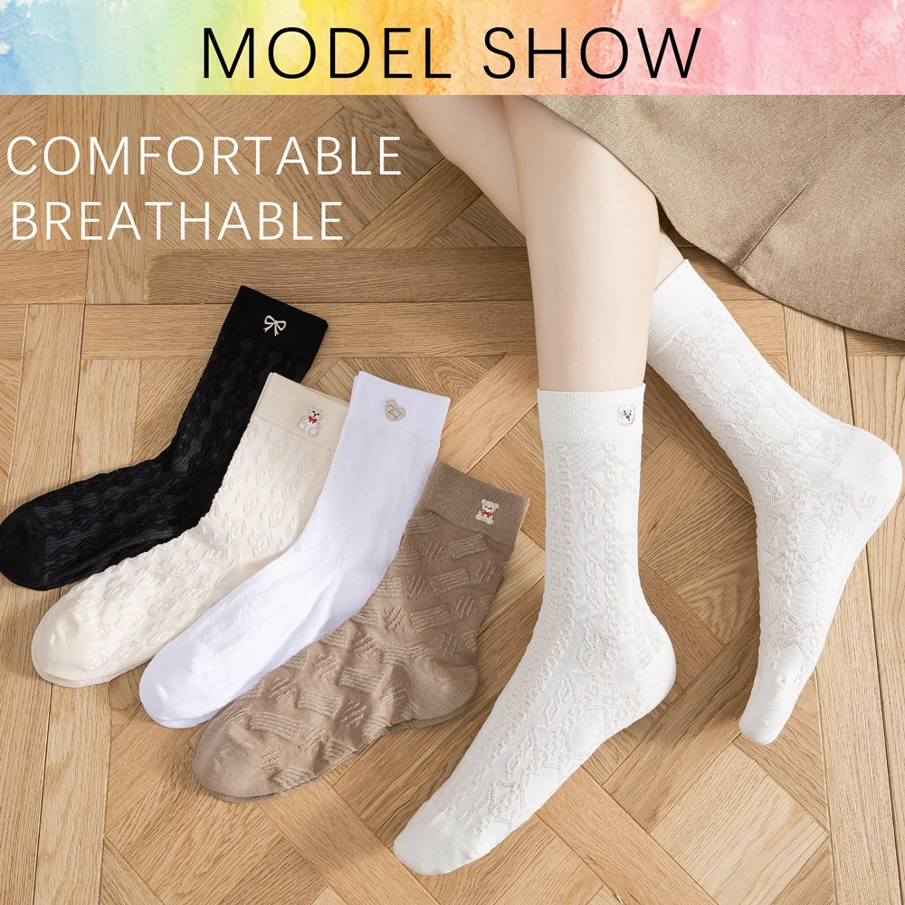 5 Pairs Kawaii Japanese Embroidery Cotton Socks Women Embossed Prints Mid-Calf Socks Lightweight Stretchy for Office/Streetwear
