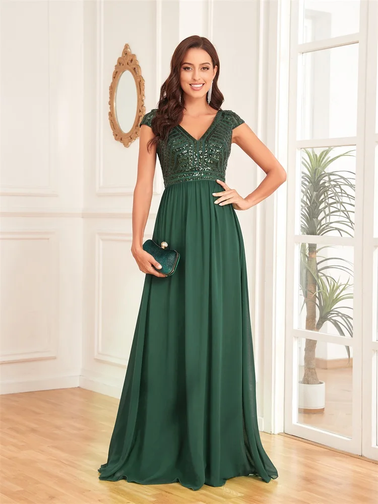 XUIBOL Elegant Sequins Green Evening Dress Women V Neck Wedding Party Graduation Prom For Chiffon Cocktail Floor Lenght Gowns