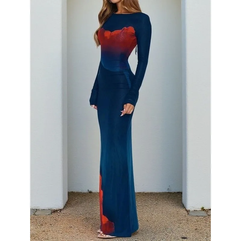 Herbst und Winter Wischen Premium Urlaub Elegante Neue Damen Hip Wrap Rock Sexy Blumendruck Rückenfreies Langarmkleid