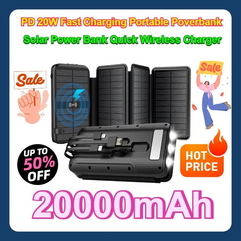 

For IPhone 13 Samsung Xiaomi Powerbank PD 20W Fast Charging Portable Poverbank 20000mAh Solar Power Bank Quick Wireless Charger