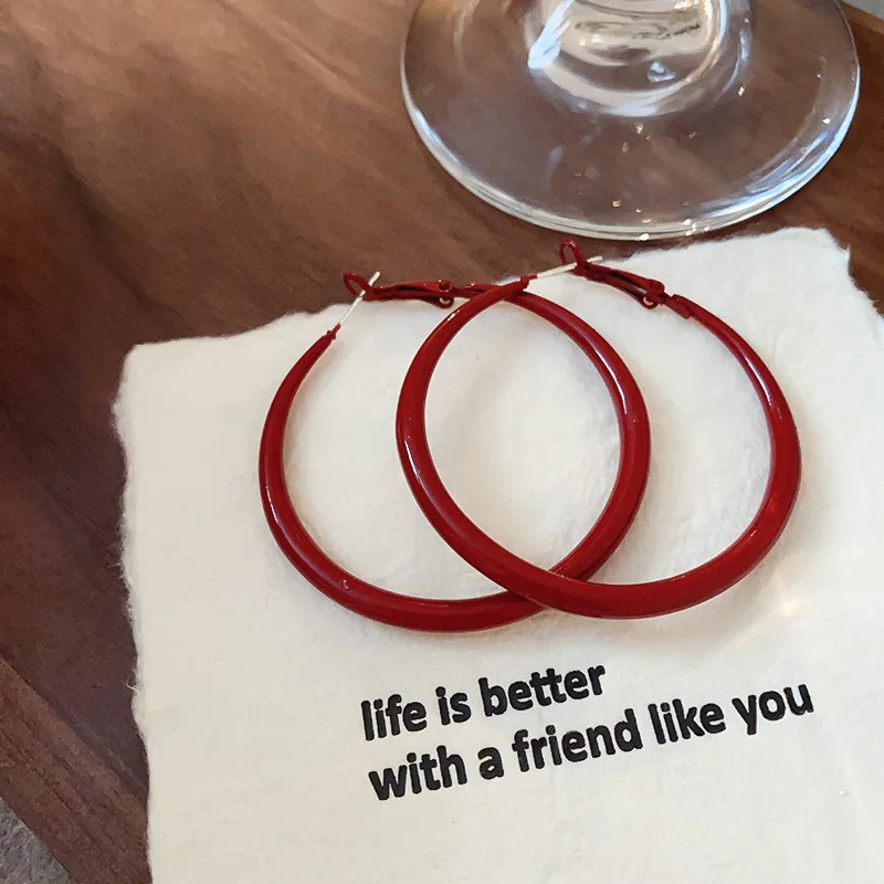 Glossy Solid Red Circle Hoop Earrings Women Minimalist Classic Round Ear Buckles Fashion Jewelry Daily Dating Festival K