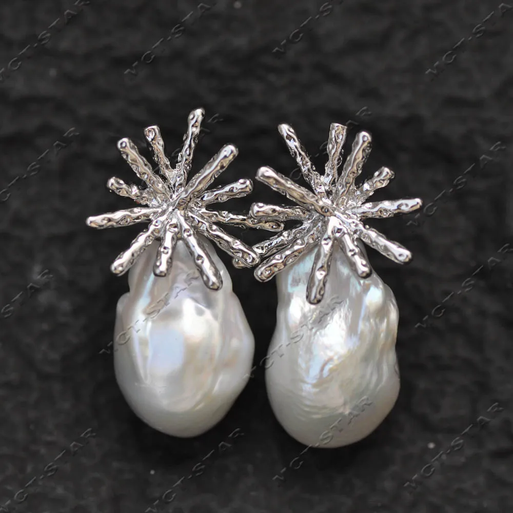 

MCT·STAR Z13713 Firework Style 22mm White Baroque Reborn Keshi Pearl Stud Earring Custom Jewelry