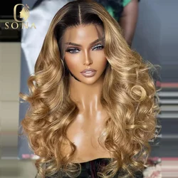Peluca de cabello humano transparente con malla Frontal, pelo de 13x4, 13x6, HD, ombré 1B/27, color rubio miel, con raíz oscura