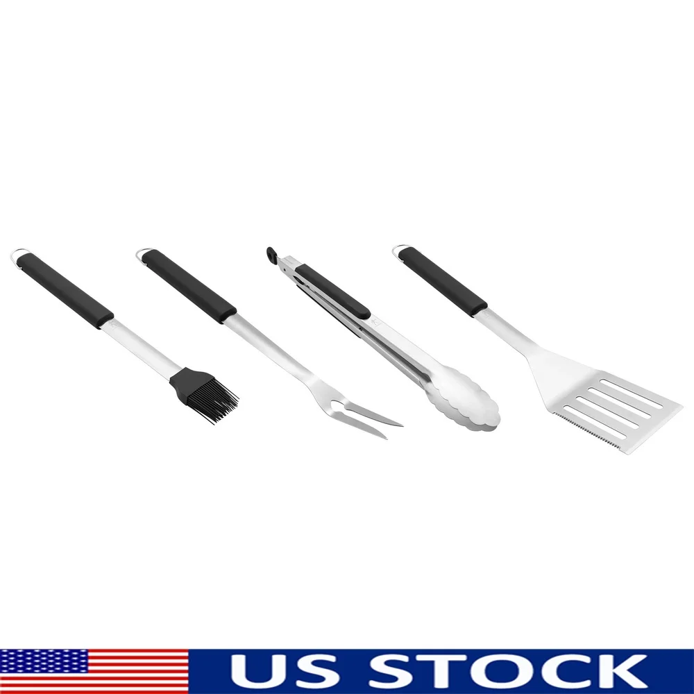 

Stainless Steel BBQ Grill Tool Set 4-Piece with Soft Grip Handles Digital Thermometer Pizza Tools Basting Brush Tongs Fork