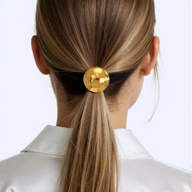 PRISCA |   Ikat Rambut Elastis Baja Anti Karat Baru untuk Wanita, Scrunchie Logam Hitam, Tali Rambut Kuncir Kuda Emas Grosir