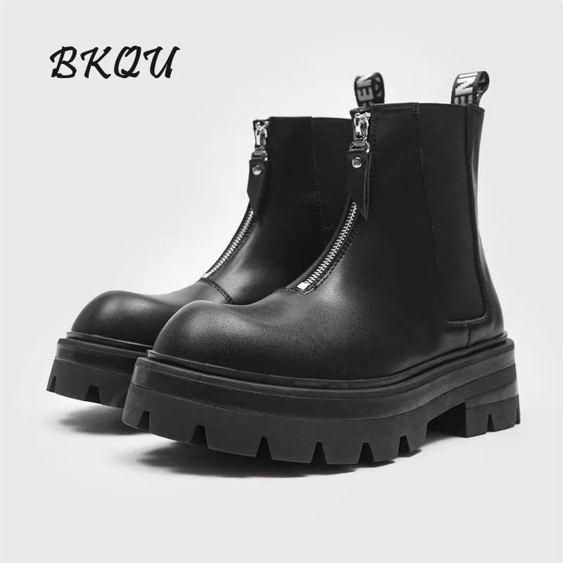 BKQU Chelsea Boots Men 2024 autumn English high locomotive thick sole mid-help knight height leather smoke boots