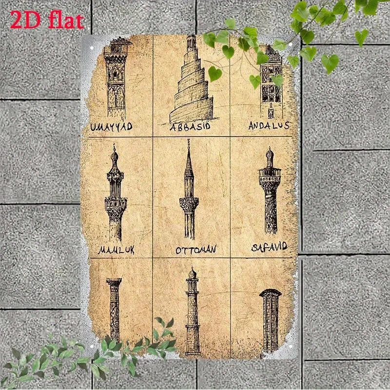 [] 1 Metal Sign with Tower Styles from Different Historical Periods, Architectural Art of Eras, Cultural Heritage Preservation R
