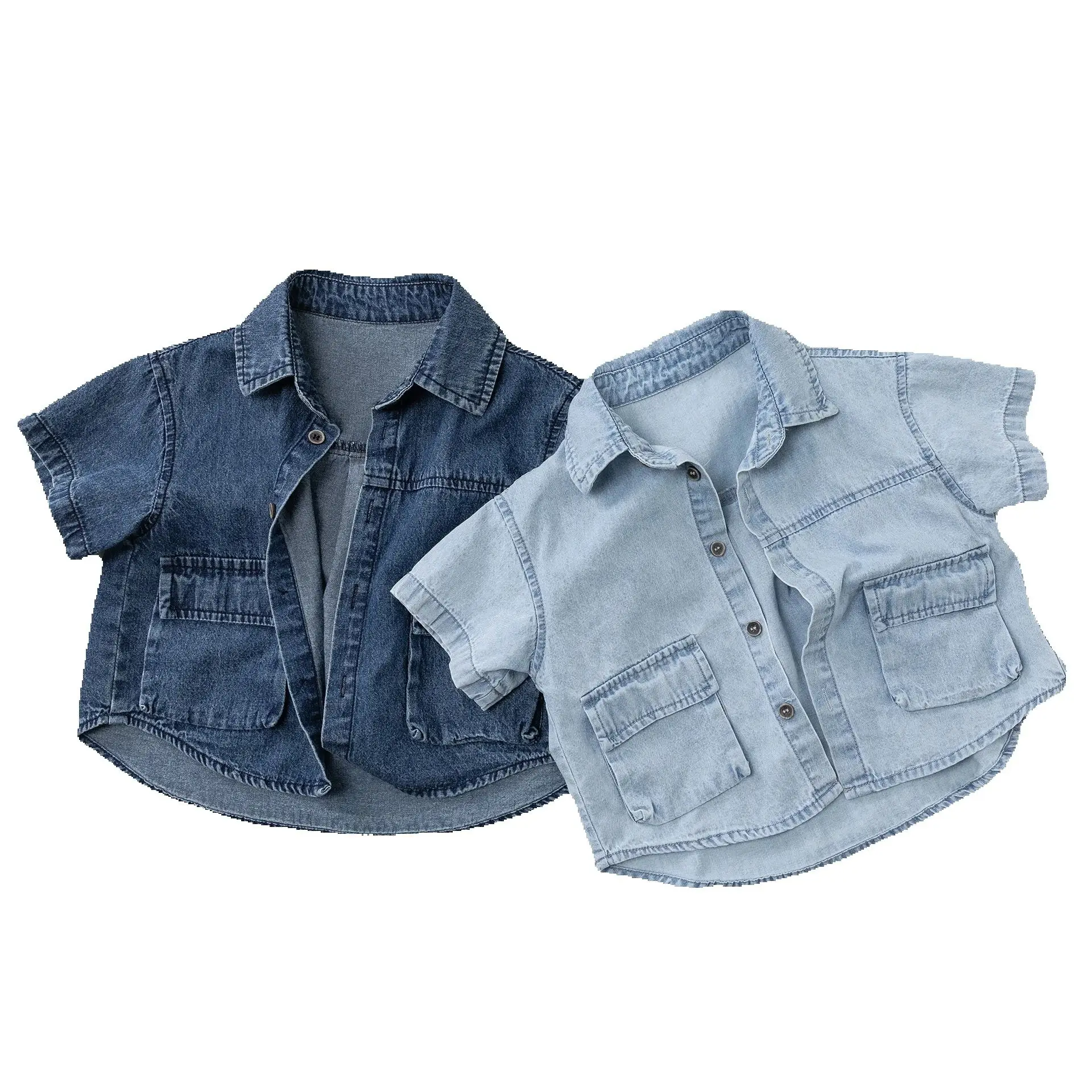 

Детские джинсовые рубашки с коротким рукавом в корейском стиле для мальчиков и девочек, коллекция Весна-Лето 2026, повседневные топы для малышей