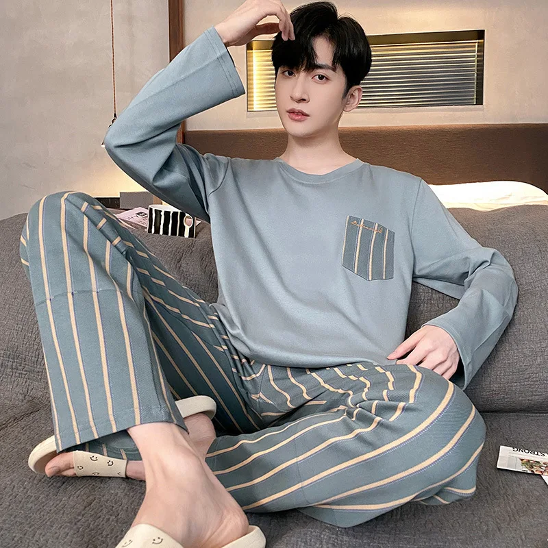 Men Solid Color Pajamas Autumn Winter Cotton School Large Size Homewear Long-Sleeved Long Trousers Casual Simple Plaid Clothes