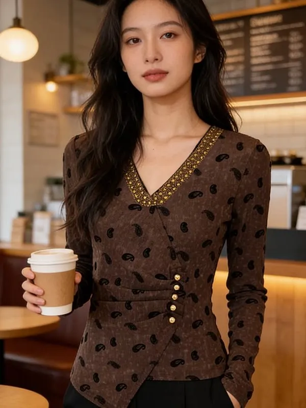Elegant V-Neck Diamond Embedded Asymmetrical Hemline Fashionable Women's T-Shirt Autumn Winter New Arrival Chic Top Shirt