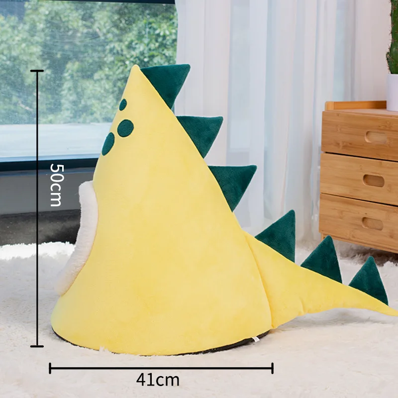 Three-dimensional Dinosaur Shape Pet House Yellow Cartoon Cute Cat Bed in Winter Soft Fleece Sleeping Bed for Cat Dogs Party Dec