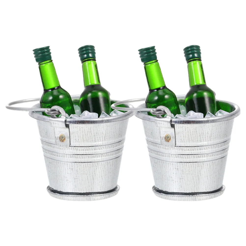 

1 Set Miniature Ice Bucket With Mini Drink Bottles Fake Crushed Ice For Dollhouse Bar Decor Accessories Metal Pails Kitchen