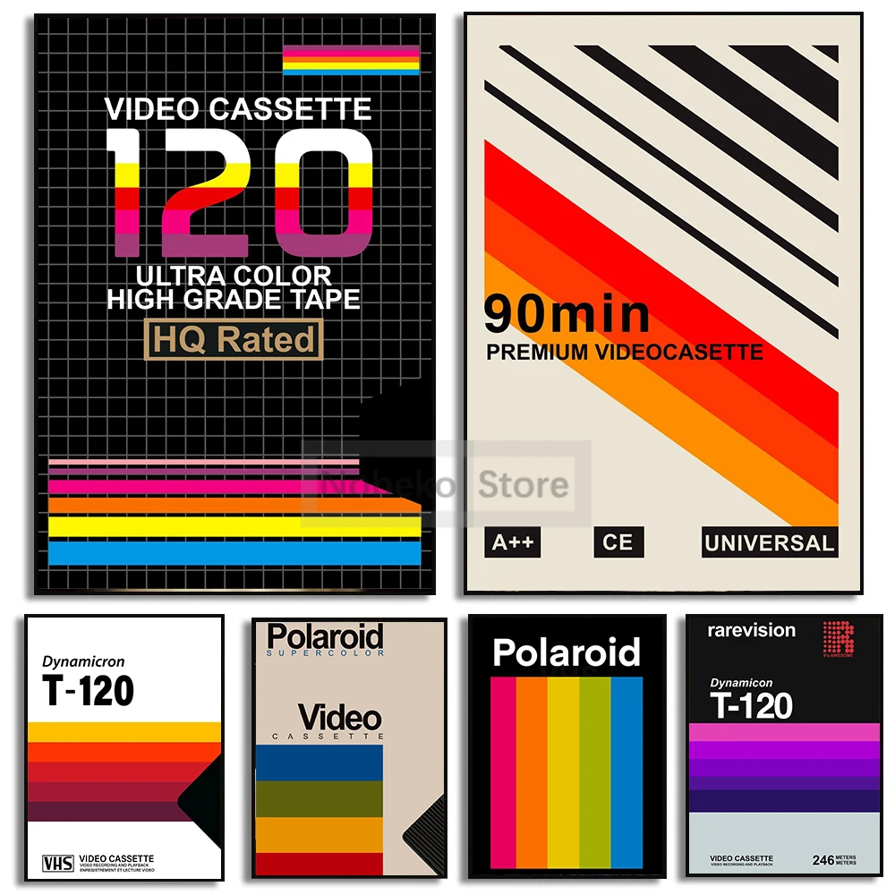 Retro Video Cassette Polaroid Video Home System Film T-120 Poster and Prints Canvas Painting Wall Art Pictures Home Room Decor