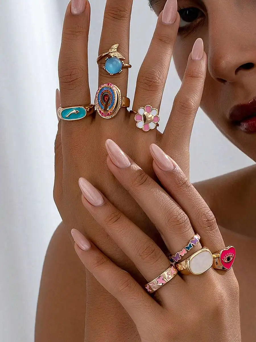 

8pcs Y2K Aesthetic Colorful Shell Butterfly Heart Flower Dolphin Rings Set For Women