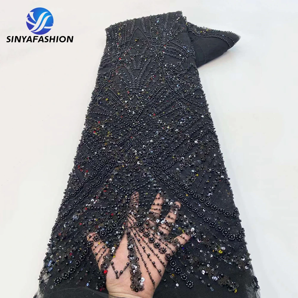 Sinya High Quality Luxury Fully Pearls Beads Lace Fabric Black Embroidery French Wedding Bridal Lace 5 Yards For Evening Dress